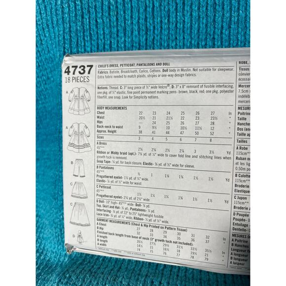 Simplicity 4737 pattern Girls Civil war dress petticoat doll size 3 4 5 6 7 8 - Picture 4 of 5